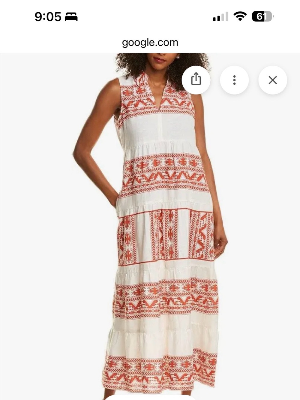 Linen Sleeveless White Maxi Dress with Orange Geometric Embroidery